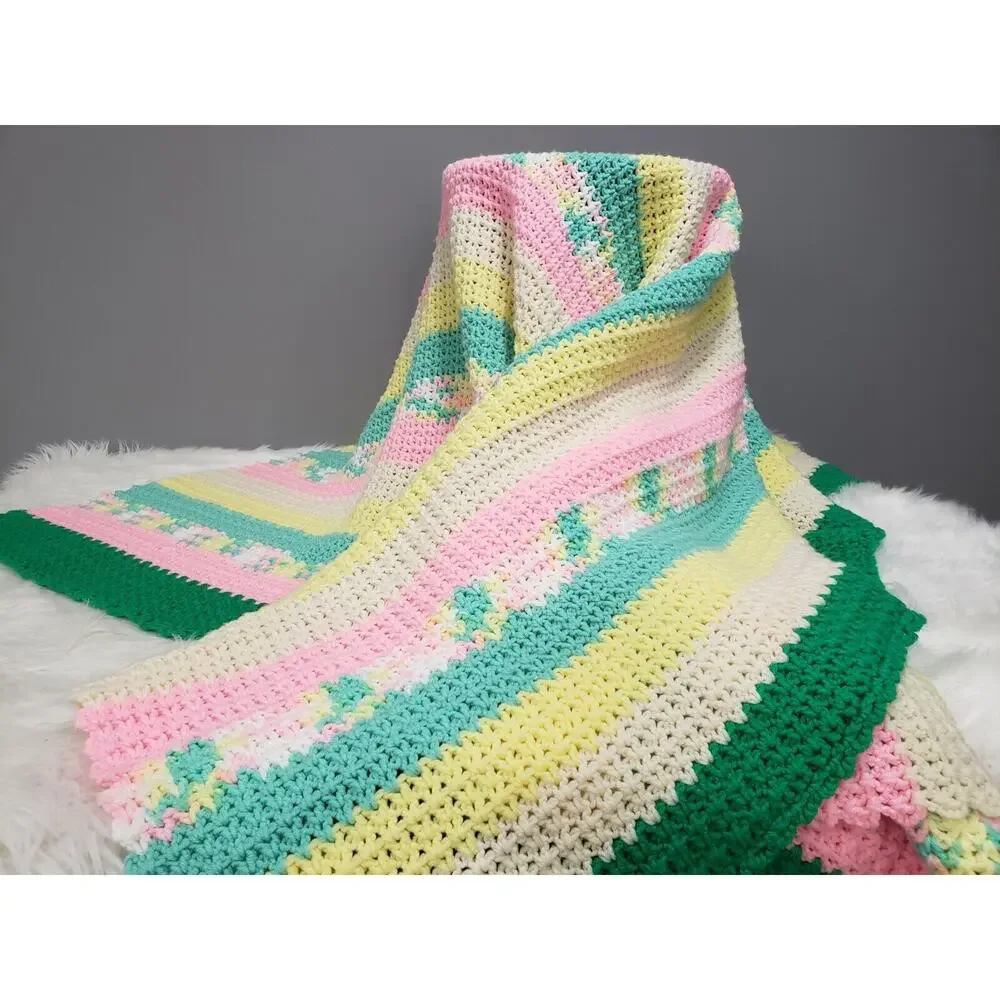 Vintage pink yellow green afghan blanket throw nursery y2k‎ bedroom decor easter